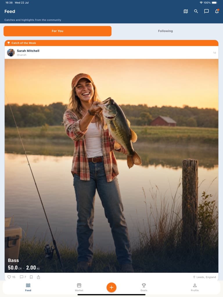 GilledIt on iPad, showing a catch photo, species, length and weight in the community feed
